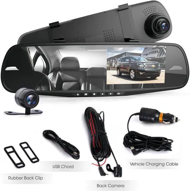 Alt view image 7 of 7 - Dash Cam Rearview Mirror - 4.3” DVR Monitor Rear View Dual Camera Video Recording System in Full HD 1080p w/ Built in G-Sensor Motion Detect Parking Control Loop Record Support