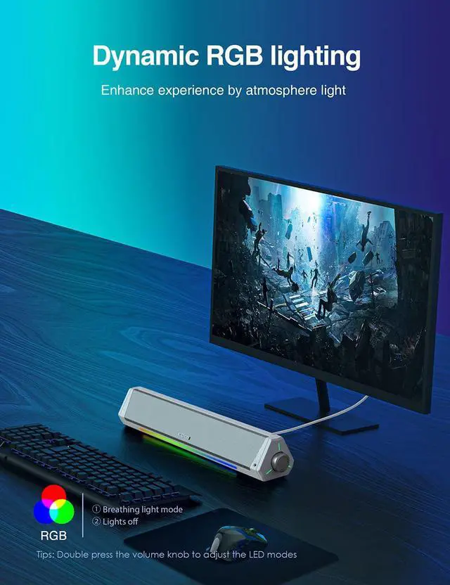 Alt view image 6 of 6 - Computer Speakers, Dynamic RGB Computer Sound Bar, Upgrade HiFi Stereo Bluetooth 5.0 & 3.5mm Aux-in Connection, USB Powered Computer Speakers for Desktop, PC, Monitor, Laptop