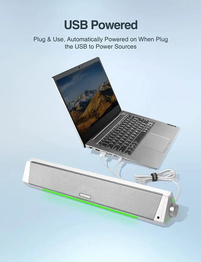 Alt view image 4 of 6 - Computer Speakers, Dynamic RGB Computer Sound Bar, Upgrade HiFi Stereo Bluetooth 5.0 & 3.5mm Aux-in Connection, USB Powered Computer Speakers for Desktop, PC, Monitor, Laptop