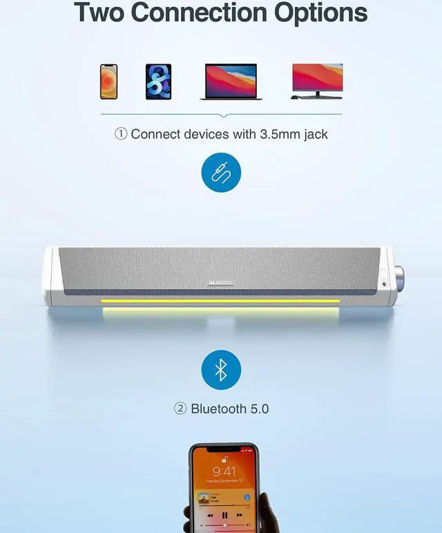 Alt view image 2 of 6 - Computer Speakers, Dynamic RGB Computer Sound Bar, Upgrade HiFi Stereo Bluetooth 5.0 & 3.5mm Aux-in Connection, USB Powered Computer Speakers for Desktop, PC, Monitor, Laptop