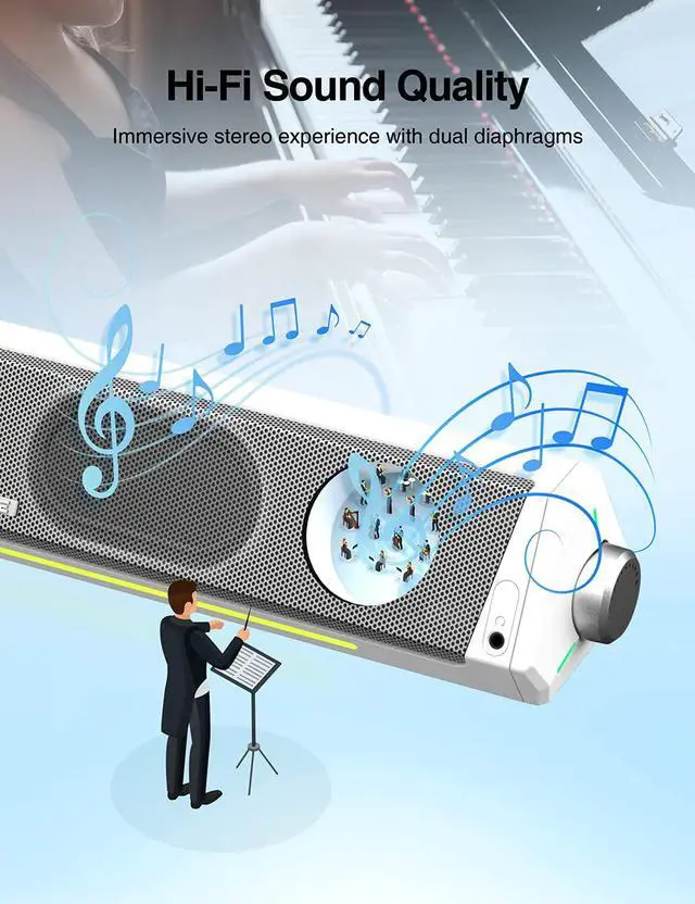 Alt view image 3 of 6 - Computer Speakers, Dynamic RGB Computer Sound Bar, Upgrade HiFi Stereo Bluetooth 5.0 & 3.5mm Aux-in Connection, USB Powered Computer Speakers for Desktop, PC, Monitor, Laptop