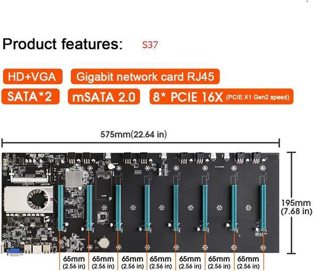 Alt view image 2 of 6 - BTC-S37 Mining Motherboard, Mining Machine Motherboard CPU 8 Video Card Slots  8 GPU DDR3 Memory Integrated, Onboard Memory, VGA Interface Low Power Consume for Mining Machine