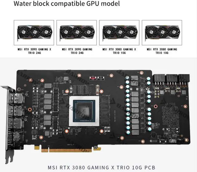 Alt view image 7 of 7 - Barrow 3090 3080 GPU Water Block for MSI RTX 3090/3080 GAMING X TRIO, Full Cover ARGB GPU Cooler, BS-MSG3090M-PA