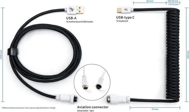 Alt view image 3 of 7 - FormulaMod Custom Coiled Keyboard Cable for Type-C Mechanical Keyboard,Aviator USB Cable for Gaming Keyboard, Pro Double Sleeved Cable with Organizer Zipper Bag