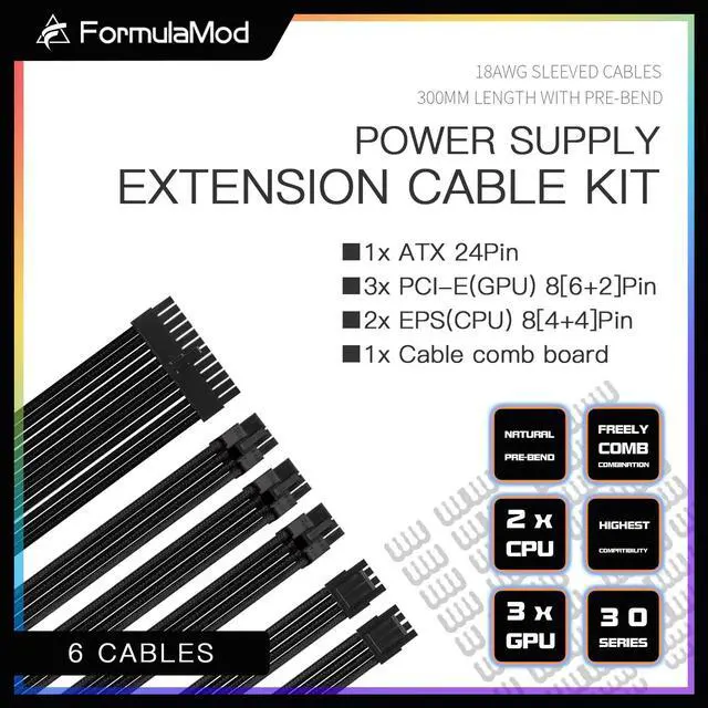 Alt view image 2 of 7 - FormulaMod Advanced PSU Extension Cable Kit, Sleeved PSU Cable Combo, 300mm High Compatibility With Combs, ATX 24Pin / PCI-E GPU 8Pin / EPS CPU 8Pin, Fm-NCK1-I Black - Straight