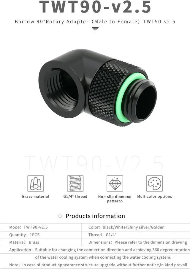 Alt view image 3 of 5 - Barrow 90 Degree Rotary Fitting, Thread G1/4" Male to Female Extender Elbow Fitting Angled Adapter For Water Cooling System, 8 Pack Black Kit TWT90-v2.5