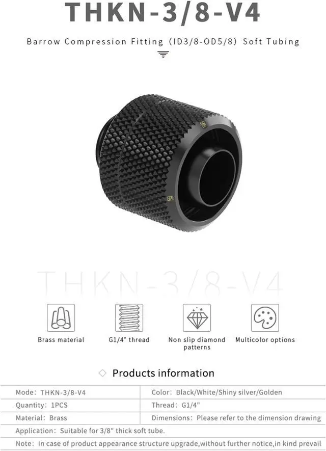 Alt view image 3 of 5 - Barrow Soft Tube Fitting For 10x16mm (3/8"IDx5/8"OD) Tubing, Thread G1/4" Compression Tube Fitting For Water Cooling System, 8 Pack White Kit THKN-3/8-V4