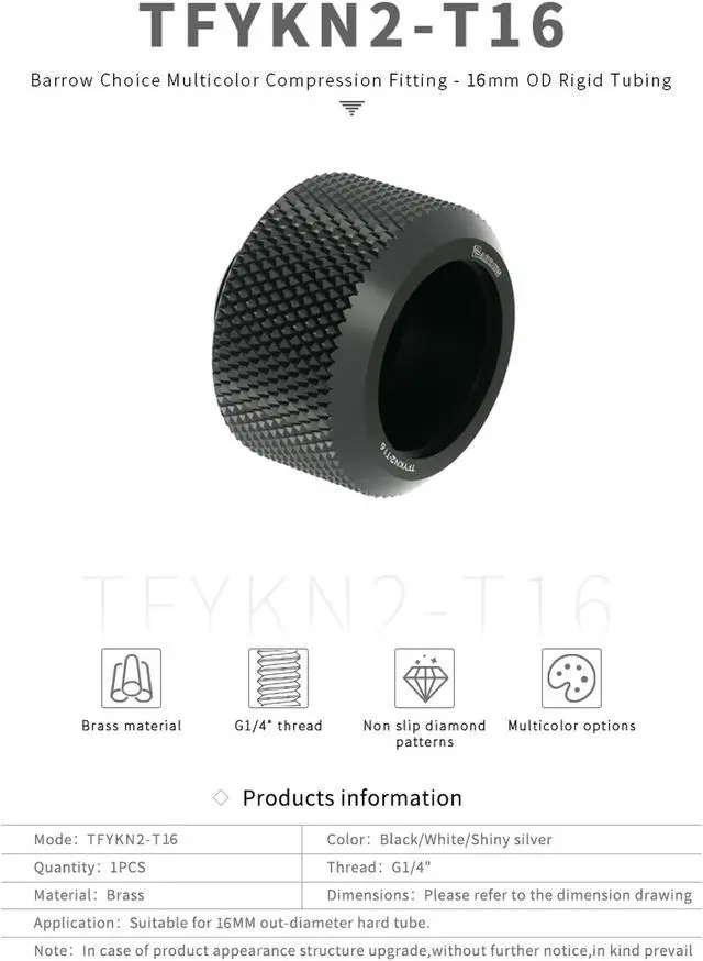 Alt view image 3 of 5 - Barrow Hard Tube Fitting For Outer Diameter 16mm Rigid Tubing, Thread G1/4" Compression Tube Fitting For Water Cooling System, 8 Pack White Kit TFYKN2-T16