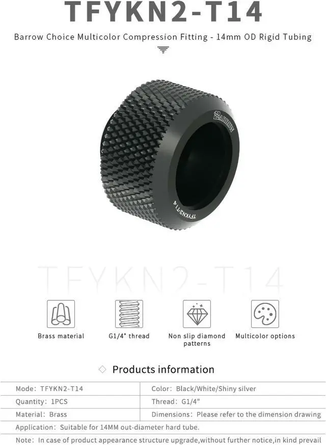 Alt view image 3 of 5 - Barrow Hard Tube Fitting For Outer Diameter 14mm Rigid Tubing, Thread G1/4" Compression Tube Fitting For Water Cooling System, 8 Pack Black Kit TFYKN2-T14