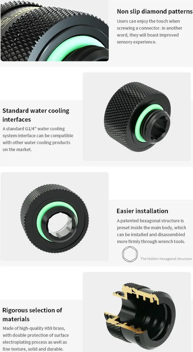 Alt view image 4 of 5 - Barrow Hard Tube Fitting For Outer Diameter 14mm Rigid Tubing, Thread G1/4" Compression Tube Fitting For Water Cooling System, 8 Pack Black Kit TFYKN2-T14