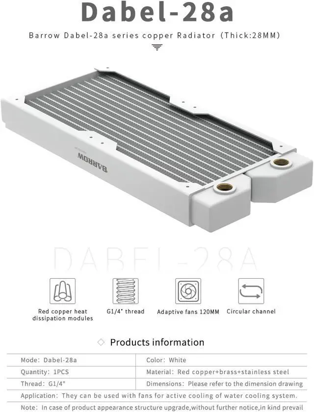 Alt view image 2 of 7 - Barrow 240mm Copper Radiator With 28mm Thick G1/4" Thread, White High-density Radiator For Computer Water Cooling system, 240 White Dabel-28a 240