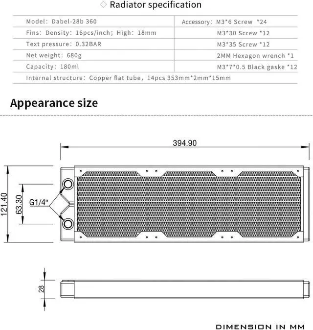 Alt view image 6 of 7 - Barrow 360mm Copper Radiator With 28mm Thick G1/4" Thread, Black High-density Radiator For Computer Water Cooling system, 360 Black  Dabel-28b 360