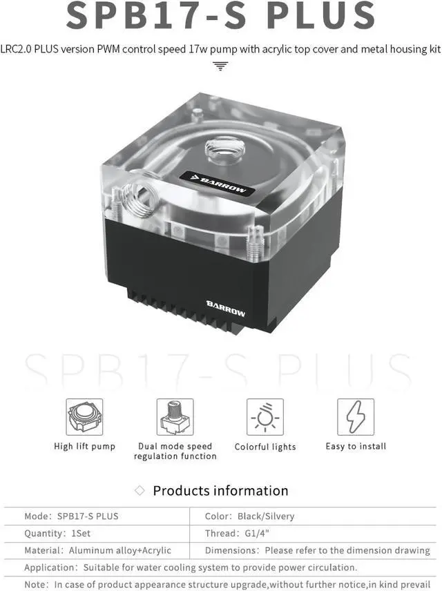 Alt view image 3 of 7 - Barrow PLUS Version 17W PWM Pump, LRC 2.0(A-RGB) PWM/Manual Speed Control Pump With Metal Cooling Cover, Black SPB17-S PLUS