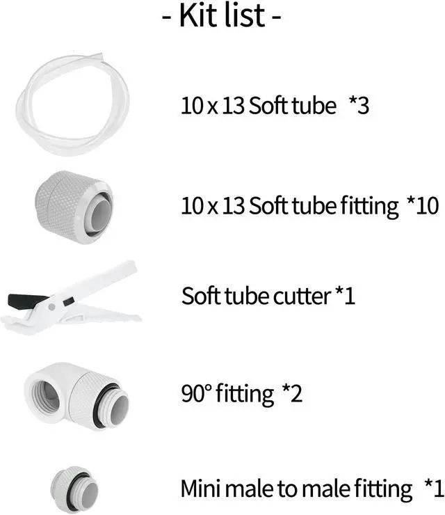 Alt view image 2 of 7 - Barrow Soft Tube Fitting Kit, Include 10x13mm (3/8"IDx1/2"OD) Tubing & Tube Fitting & Tube Cutter, Thread G1/4" Compression Tube Fitting AIO Kit For Water Cooling System, 10x13 White Kit