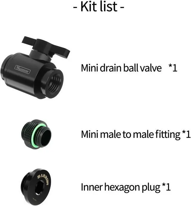 Alt view image 2 of 6 - Barrow Drain Valve Kit, Include Ball Valve & Male To Male Fitting & Plug, AIO Water Valve Kit For Water Cooling System, Black Kit