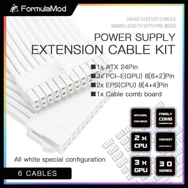 Alt view image 2 of 7 - FormulaMod Special Configuration Advanced PSU Extension Cable Kit, All White 300mm High Compatibility With Combs, ATX 24Pin / PCI-E GPU 8Pin / EPS CPU 8Pin, Fm-NCK1-I All white - Forward bending