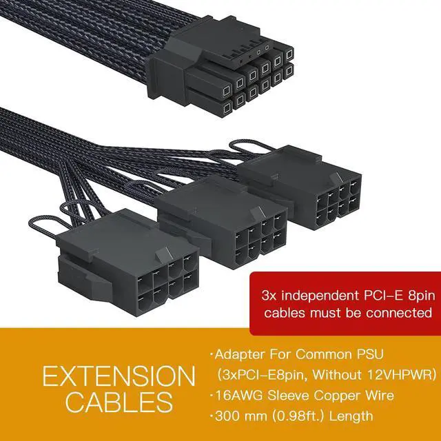 Alt view image 3 of 7 - FormulaMod PCIe 5.0 16pin(12+4pin) Sleeved Extension Cable, 12VHPWR 16pin To 3x PCIe 8pin Convert Cable, 600W 16AWG Adapter PSU Cable, With 12+4pin Dedicated Comb, Black