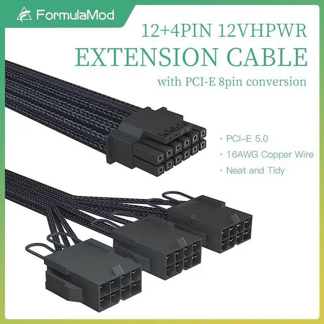 Alt view image 4 of 7 - FormulaMod PCIe 5.0 16pin(12+4pin) Sleeved Extension Cable, 12VHPWR 16pin To 3x PCIe 8pin Convert Cable, 600W 16AWG Adapter PSU Cable, With 12+4pin Dedicated Comb, Black