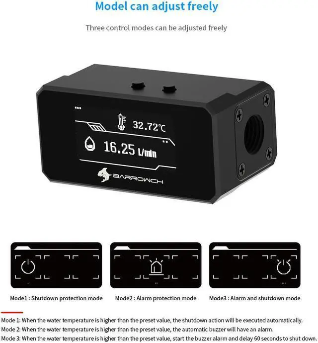 Alt view image 2 of 7 - Barrowch OLED Display Multimode Protector, Alarm For Overheat, Abnormal Shutdown, Water Cooling Loop Protection, FBFT08 Black