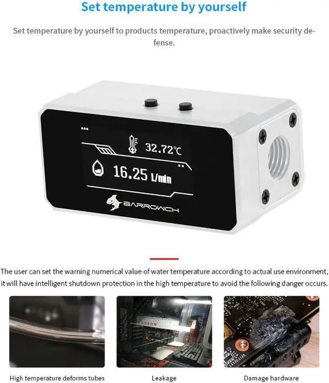 Alt view image 3 of 7 - Barrowch OLED Display Multimode Protector, Alarm For Overheat, Abnormal Shutdown, Water Cooling Loop Protection, FBFT08 Black