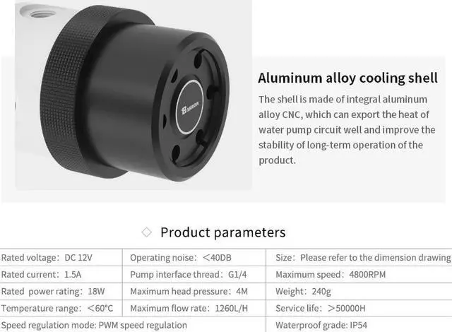 Alt view image 4 of 7 - Barrow 18W PWM Pump, D5 Series Multi-color Combination With Aluminum Alloy Heatsink Cover, Water Cooling Pump, SPG40A-X POM Top with Black Cover