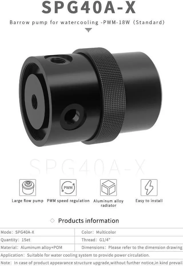 Alt view image 2 of 7 - Barrow 18W PWM Pump, D5 Series Multi-color Combination With Aluminum Alloy Heatsink Cover, Water Cooling Pump, SPG40A-X POM Top with Black Cover