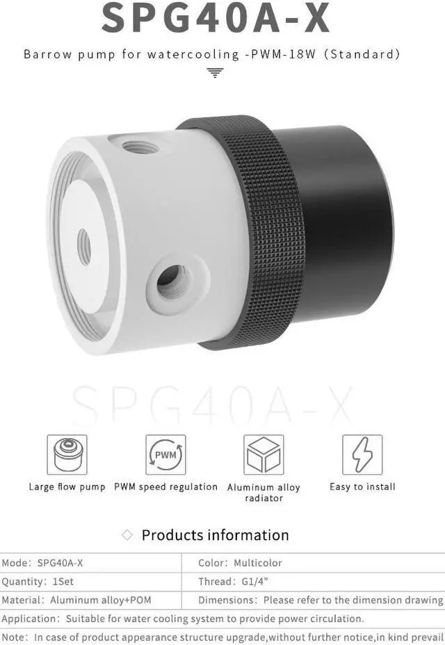 Alt view image 2 of 7 - Barrow 18W PWM Pump, D5 Series Multi-color Combination With Aluminum Alloy Heatsink Cover, Water Cooling Pump, SPG40A-X POM Top with White Cover