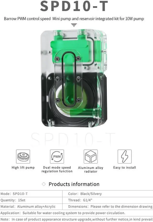 Alt view image 3 of 7 - Barrow DC12V 10W PWM Water Cooler Integrated Pump Water Tank For ITX Case MINI Pump Reservoir Water Cooling System, SPD10-T