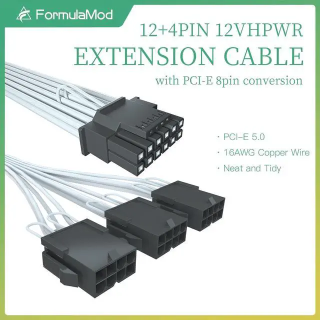 Alt view image 2 of 6 - FormulaMod RTX 3090TI 4090 16Pin(12+4) to 3x8Pin PCI-E 5.0 Sleeved Extension Cable,12Pin to 3x8Pin Compatible 3090ti and RTX4090 4080 Series,17.7 inch with Cable Combs Black+White
