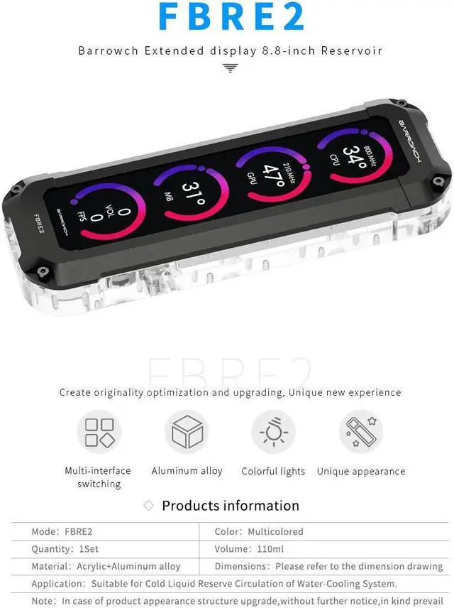 Alt view image 3 of 7 - Barrowch FBRE2 Reservoir With Extended Display Screen, 8.8-inch Reservoir, DIY Water Cooling Accessories Real Time Monitoring Gray