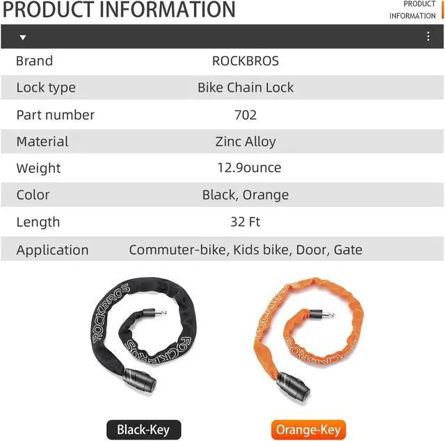 Alt view image 2 of 7 - ROCKBROS Bike Lock Chain Bicycle Lock, Heavy Duty Anti Theft, 3 Ft Long, 5mm Thick Bike Chain Lock with Key Set, Cut Proof Security Scooter Lock Commuter Lock for Door, Gate, Fence, Grill Orange