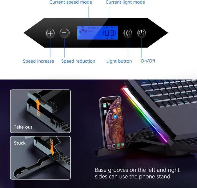Alt view image 6 of 6 - TopMate C11 Laptop Cooling Pad RGB Gaming Notebook Cooler, Laptop Fan Cooling Stand Adjustable Height with 6 Quiet Fans Blue LED Light, Computer Chill Mat with Phone Stand, for 15.6-17.3 Inch Laptops