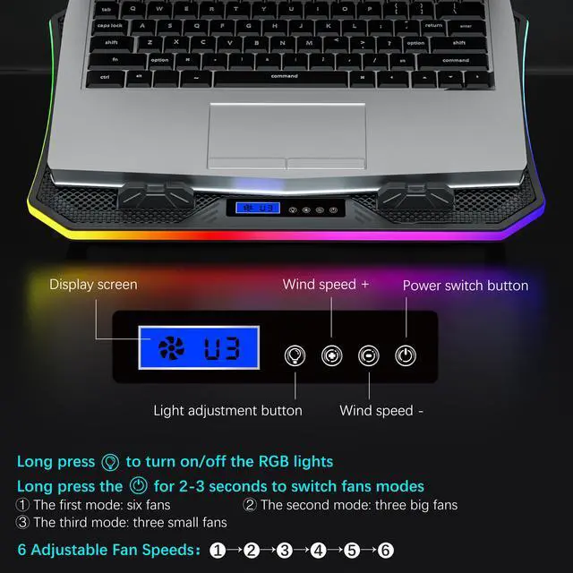 Alt view image 5 of 6 - TopMate C12 Laptop Cooling Pad RGB Gaming Notebook Cooler for Desk and Lap Use, Laptop Fan Stand 8 Adjustable Heights with 6 Quiet Fans and Phone Holder, for 15.6-17.3 Inch Laptops - Blue LED Light
