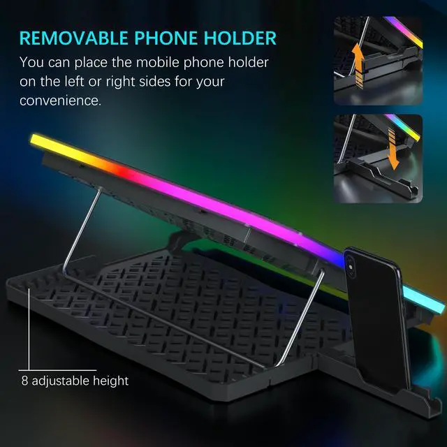 Alt view image 4 of 6 - TopMate C12 Laptop Cooling Pad RGB Gaming Notebook Cooler for Desk and Lap Use, Laptop Fan Stand 8 Adjustable Heights with 6 Quiet Fans and Phone Holder, for 15.6-17.3 Inch Laptops - Blue LED Light