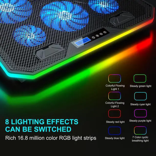 Alt view image 3 of 6 - TopMate C12 Laptop Cooling Pad RGB Gaming Notebook Cooler for Desk and Lap Use, Laptop Fan Stand 8 Adjustable Heights with 6 Quiet Fans and Phone Holder, for 15.6-17.3 Inch Laptops - Blue LED Light