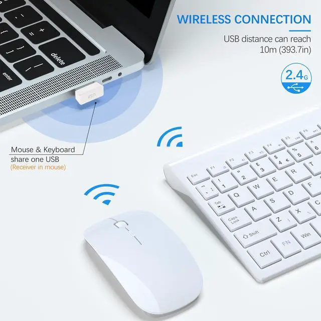 Alt view image 3 of 5 - Wireless Keyboard and Mouse Ultra Slim Combo, TopMate 2.4G Silent Compact USB Mouse and Scissor Switch Keyboard Set with Cover, 2 AA and 2 AAA Batteries, for PC/Laptop/Windows/Mac - White