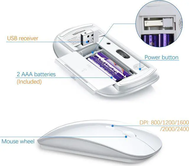 Alt view image 4 of 5 - Wireless Keyboard and Mouse Ultra Slim Combo, TopMate 2.4G Silent Compact USB Mouse and Scissor Switch Keyboard Set with Cover, 2 AA and 2 AAA Batteries, for PC/Laptop/Windows/Mac - White