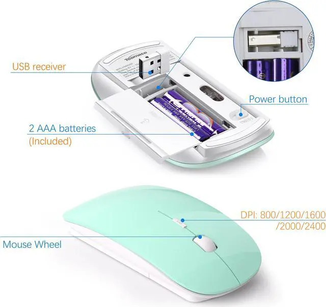 Alt view image 4 of 6 - Wireless Keyboard and Mouse Ultra Slim Combo, TopMate 2.4G Silent Compact USB Mouse and Scissor Switch Keyboard Set with Cover, 2 AA and 2 AAA Batteries, for PC/Laptop/Windows/Mac - Mint Green