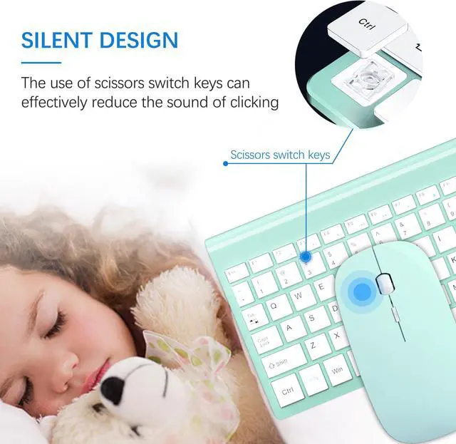Alt view image 2 of 6 - Wireless Keyboard and Mouse Ultra Slim Combo, TopMate 2.4G Silent Compact USB Mouse and Scissor Switch Keyboard Set with Cover, 2 AA and 2 AAA Batteries, for PC/Laptop/Windows/Mac - Mint Green