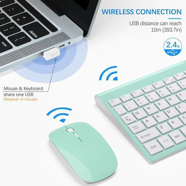 Alt view image 3 of 6 - Wireless Keyboard and Mouse Ultra Slim Combo, TopMate 2.4G Silent Compact USB Mouse and Scissor Switch Keyboard Set with Cover, 2 AA and 2 AAA Batteries, for PC/Laptop/Windows/Mac - Mint Green