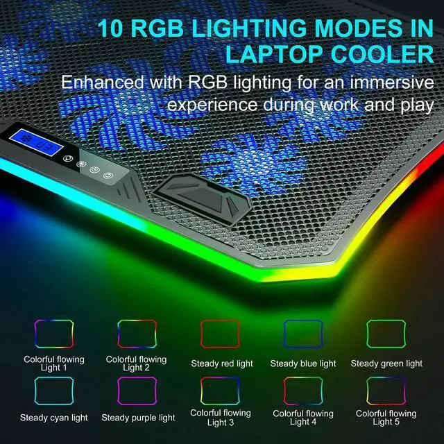 Alt view image 3 of 6 - MOOJAY C50 Laptop Cooling Pad Gaming Notebook Cooler, 10 Modes RGB Lights Laptop cooling Fan Stand 8 Adjustable Heights with 8 Quiet Fans and Phone Holder, for 15.6-17.3 Inch Laptops - Blue