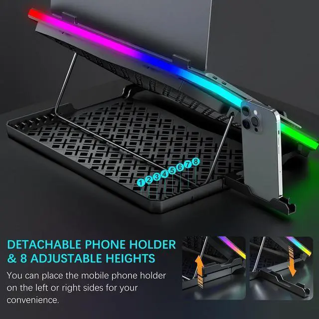 Alt view image 4 of 6 - MOOJAY C50 Laptop Cooling Pad Gaming Notebook Cooler, 10 Modes RGB Lights Laptop cooling Fan Stand 8 Adjustable Heights with 8 Quiet Fans and Phone Holder, for 15.6-17.3 Inch Laptops - Blue