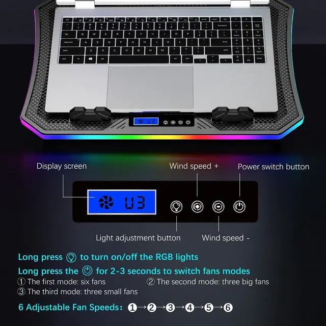 Alt view image 5 of 6 - MOOJAY C50 Laptop Cooling Pad Gaming Notebook Cooler, 10 Modes RGB Lights Laptop cooling Fan Stand 8 Adjustable Heights with 8 Quiet Fans and Phone Holder, for 15.6-17.3 Inch Laptops - Blue