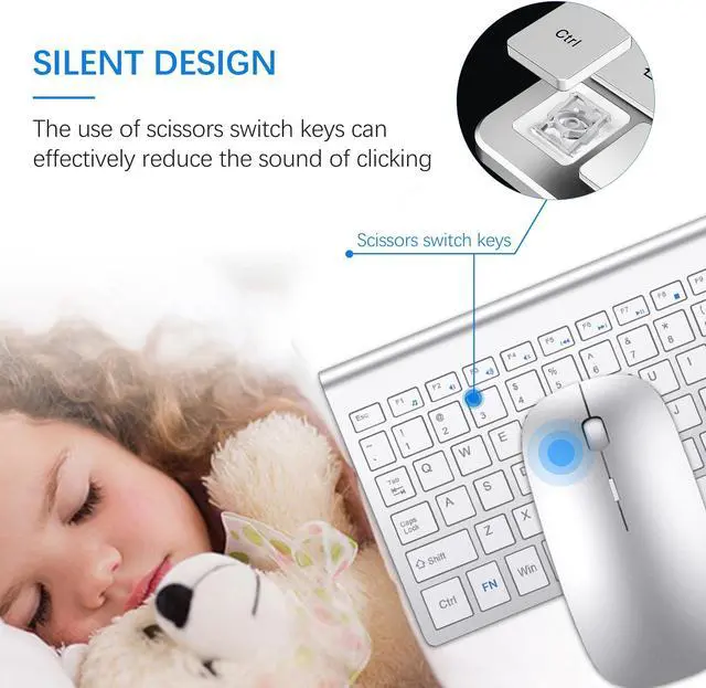 Alt view image 2 of 6 - TopMate Wireless Keyboard and Mouse Ultra Slim Combo, 2.4G Silent Compact USB 2400DPI Mouse and Scissor Switch Keyboard Set with Cover, 2 AA and 2 AAA Batteries, for PC/Laptop/Windows/Mac-Silver White