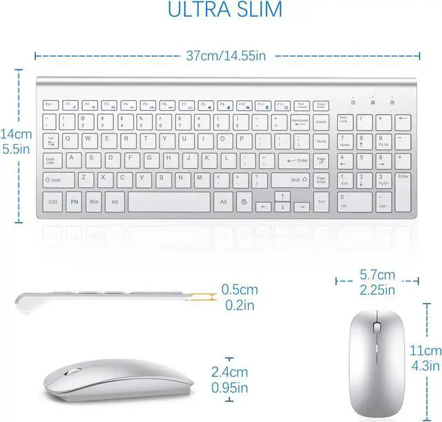 Alt view image 6 of 6 - TopMate Wireless Keyboard and Mouse Ultra Slim Combo, 2.4G Silent Compact USB 2400DPI Mouse and Scissor Switch Keyboard Set with Cover, 2 AA and 2 AAA Batteries, for PC/Laptop/Windows/Mac-Silver White