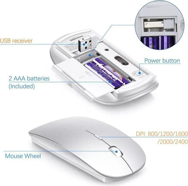 Alt view image 4 of 6 - TopMate Wireless Keyboard and Mouse Ultra Slim Combo, 2.4G Silent Compact USB 2400DPI Mouse and Scissor Switch Keyboard Set with Cover, 2 AA and 2 AAA Batteries, for PC/Laptop/Windows/Mac-Silver White