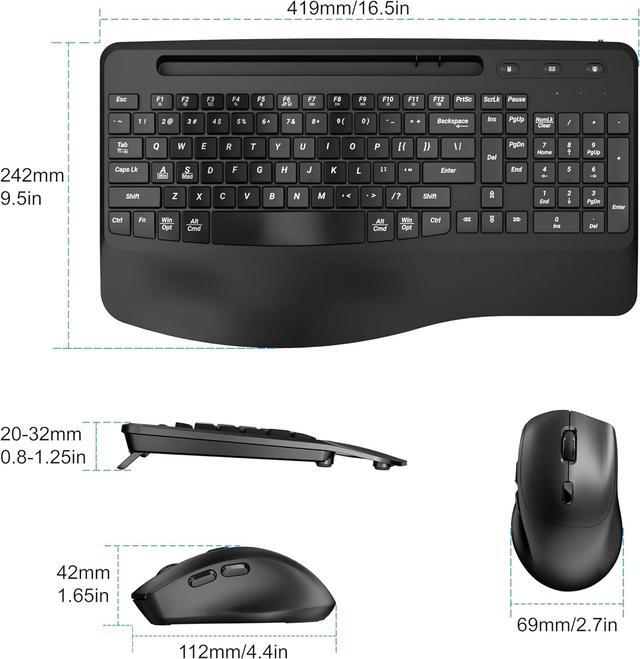Alt view image 3 of 6 - Wireless Rechargable  Keyboard and Mouse Ergonomic Combo, Moojay 2.4G Full-Sized Quiet Wave Keyboard Silent Mice Set with Wrist Rest and Phone Holder for Computer, Laptop, PC, Mac, Windows - Black