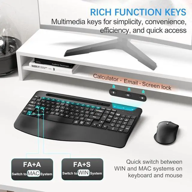 Alt view image 4 of 6 - Wireless Rechargable  Keyboard and Mouse Ergonomic Combo, Moojay 2.4G Full-Sized Quiet Wave Keyboard Silent Mice Set with Wrist Rest and Phone Holder for Computer, Laptop, PC, Mac, Windows - Black