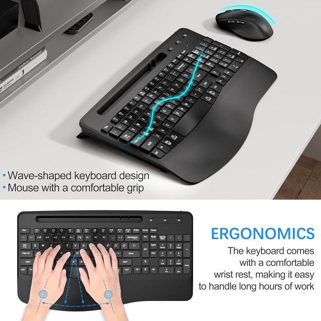 Alt view image 5 of 6 - Wireless Rechargable  Keyboard and Mouse Ergonomic Combo, Moojay 2.4G Full-Sized Quiet Wave Keyboard Silent Mice Set with Wrist Rest and Phone Holder for Computer, Laptop, PC, Mac, Windows - Black