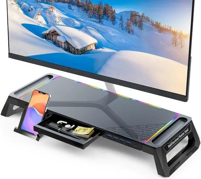 Main image of Monitor Stand for Desk RGB Gaming Lights with 4 USB 3.0 Hub, MOOJAY Foldable Computer Screen Riser with Storage Drawer and Phone Holder, Desk Organizer with Pen Tray for PC/Laptop/iMac - Black